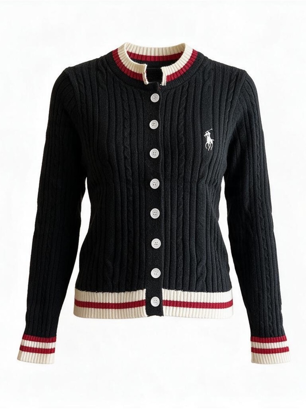 Black Y2K Cable-Knit Cardigan Sweater with Off White & Red Trim